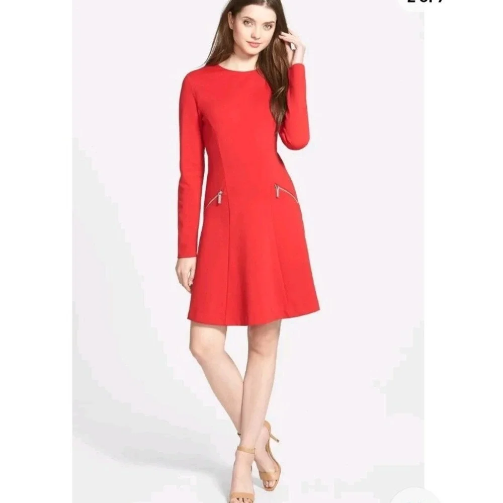 MICHAEL KORS Long Sleeve A-line Zip Ponte Dress Red Blaze 14